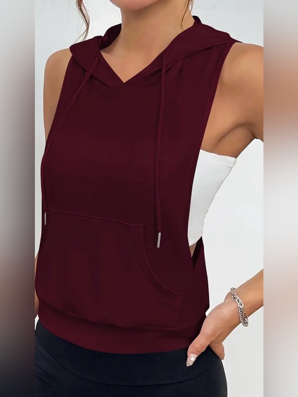 Sleeveless Hooded Tank Top - Burgundy